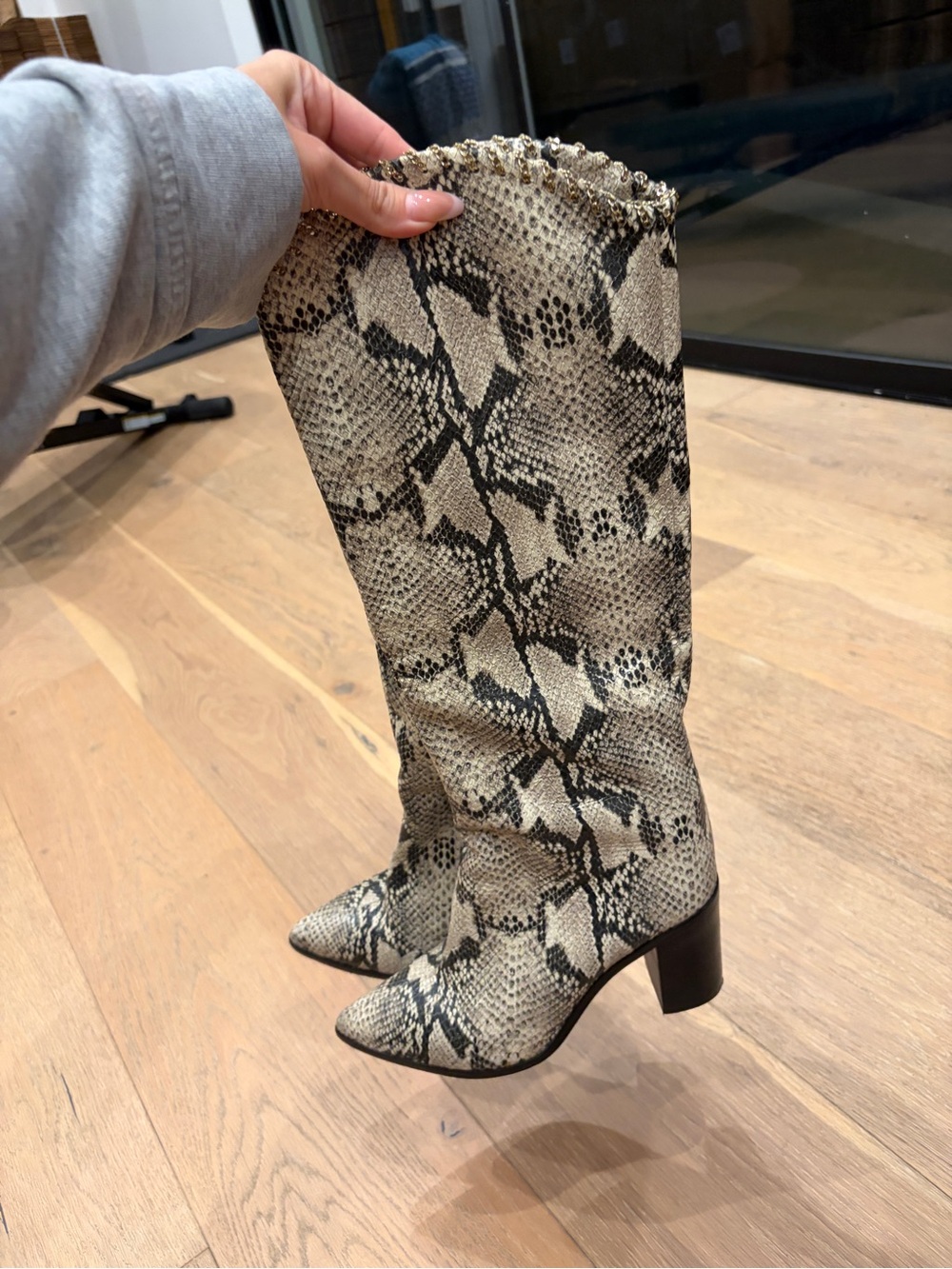 SCHUTZ Maryana Tall Snake-Print Mid Heel Women's Boots in Beige/Black